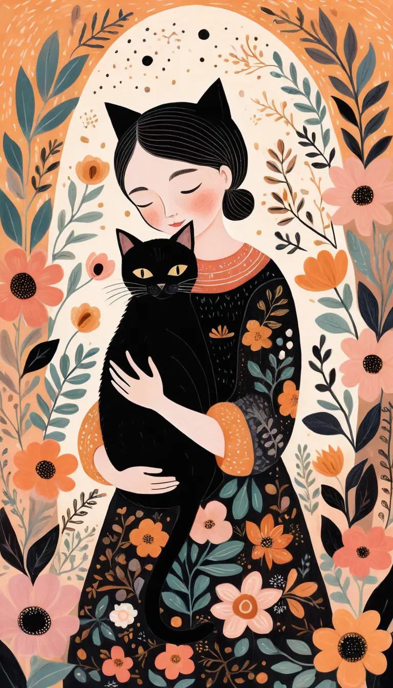 Bambino che abbraccia un gatto nero in stile folk art fiabesco