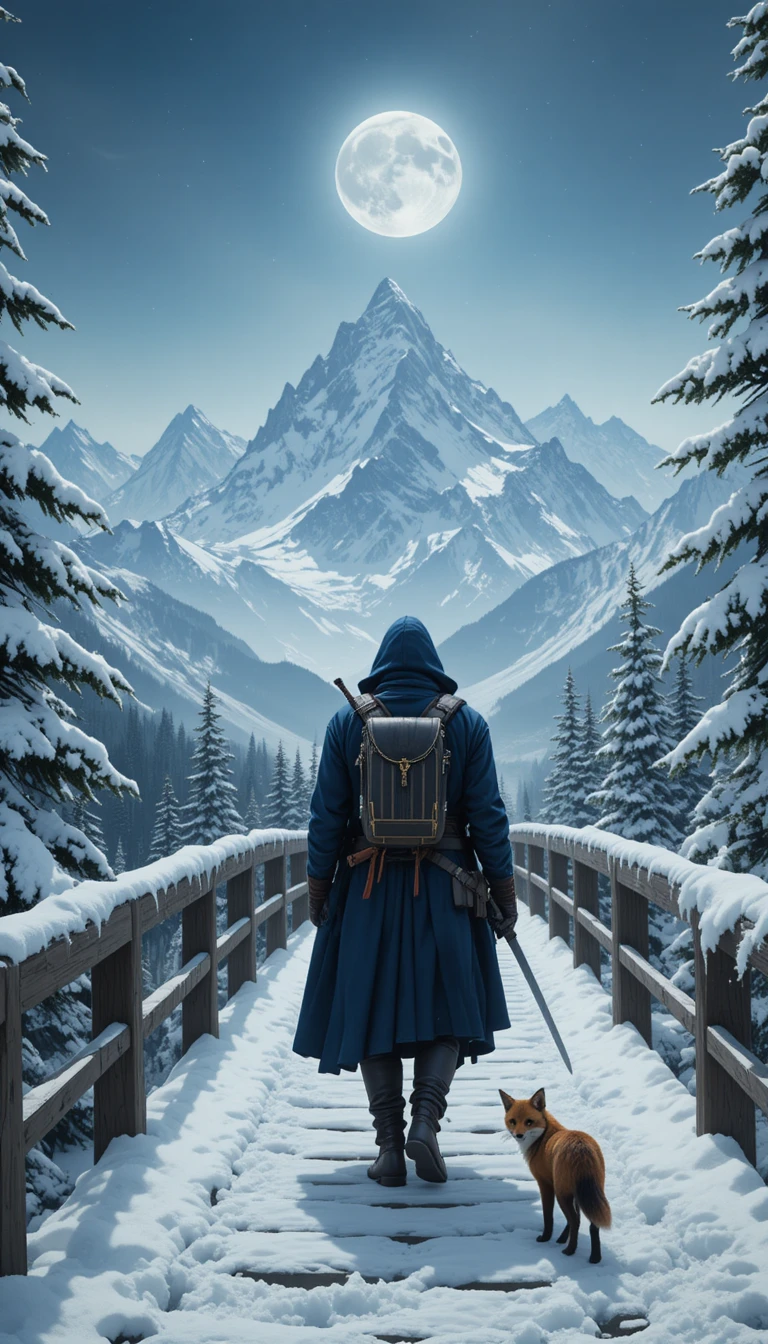 Cloaked traveler crossing snowy bridge under full moon