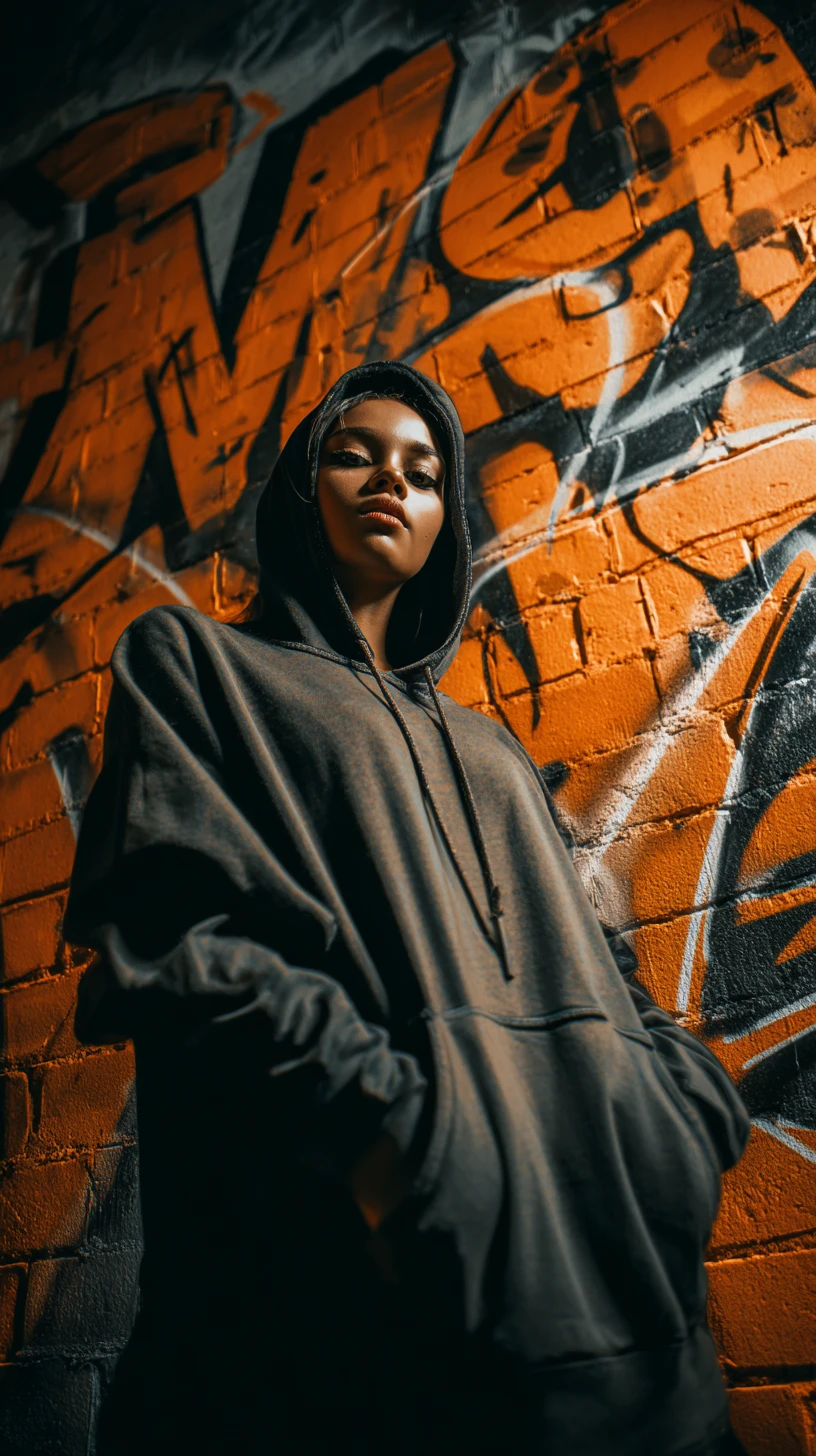 Jovem mulher posa de forma desafiadora diante de um muro de tijolos coberto de grafite