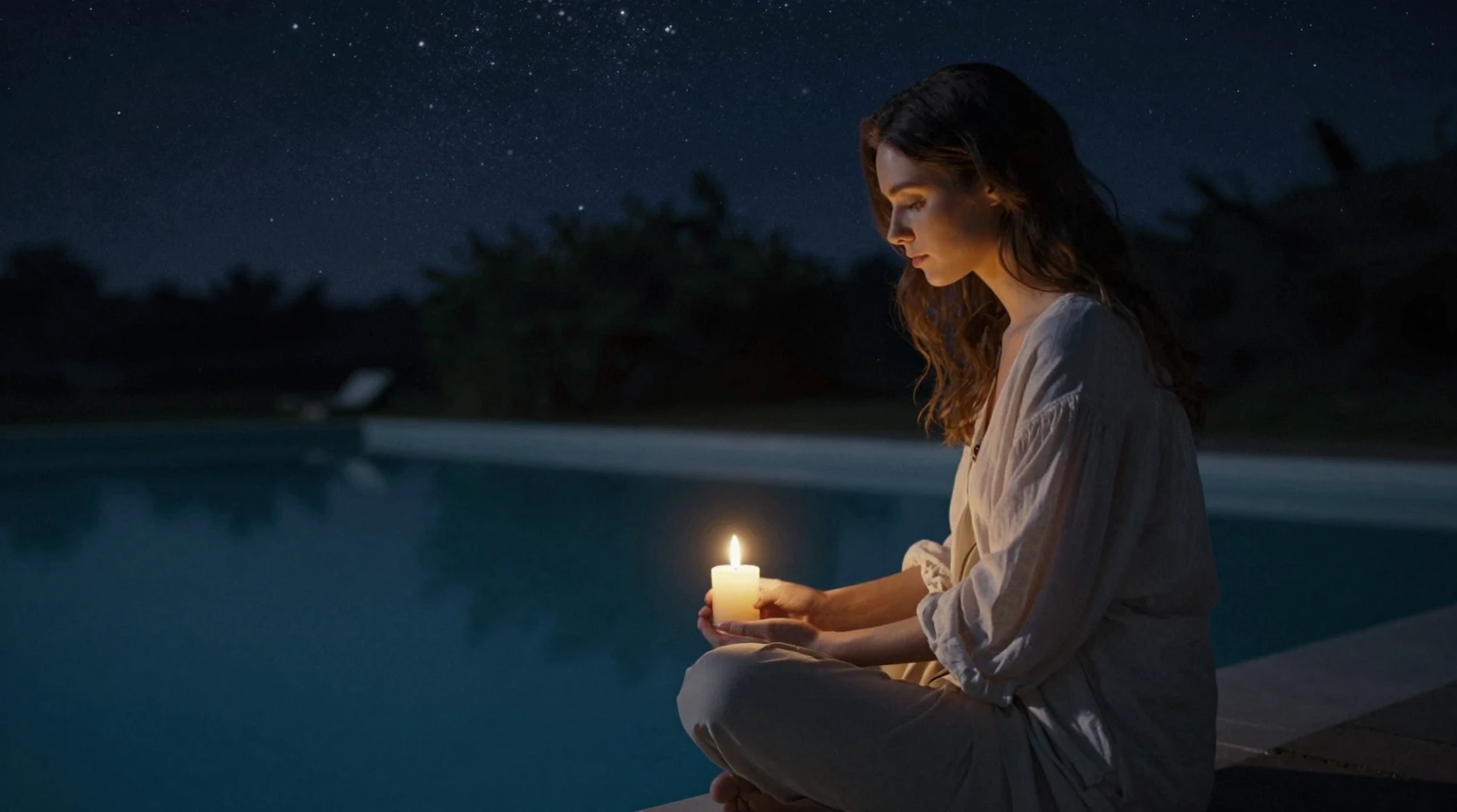 Young woman by a still pool under a starry night sky