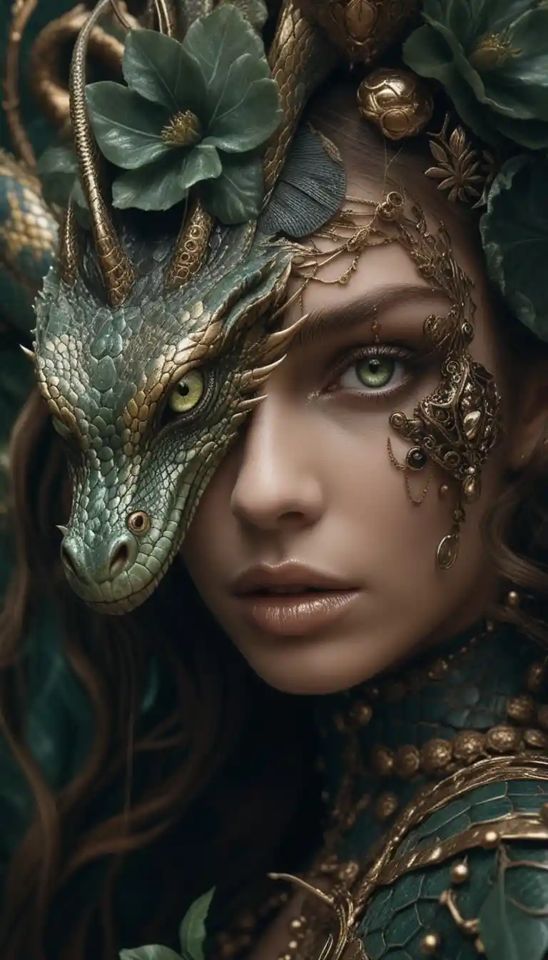 Prêtresse serpent fantastique en gros plan avec couronne de reptile dorée