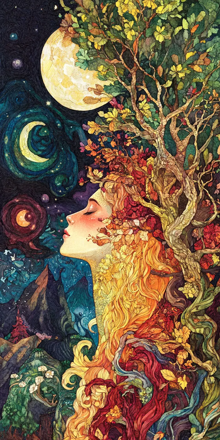 Vibrant fantasy characters in a patterned fairy tale landscape