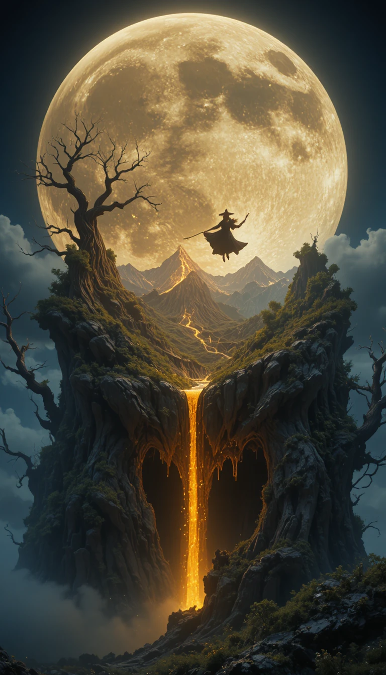 Strega gigantesca che incombe su un paesaggio fantasy oscuro