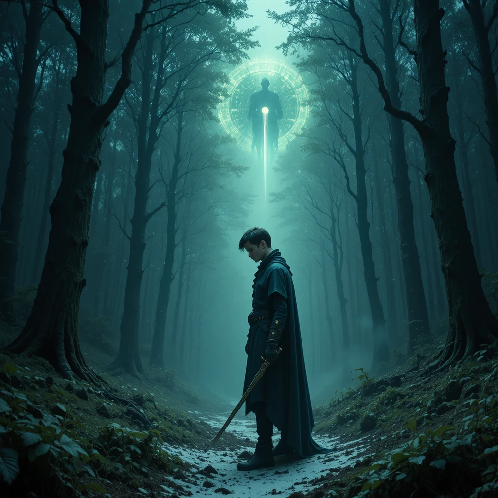 Lone young warrior in misty ancient forest with sword
