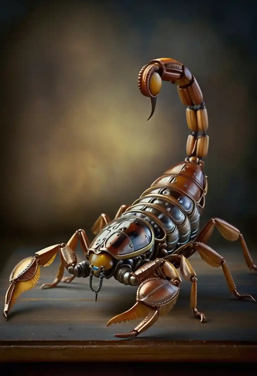 Steampunk-Kricket-Skulptur als mechanisches Insekt auf Holzsockel