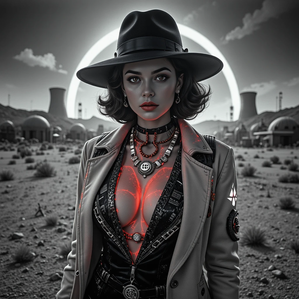 Atompunk-Noir-Frau mit Fedora unter dem Himmel eines Atomtests
