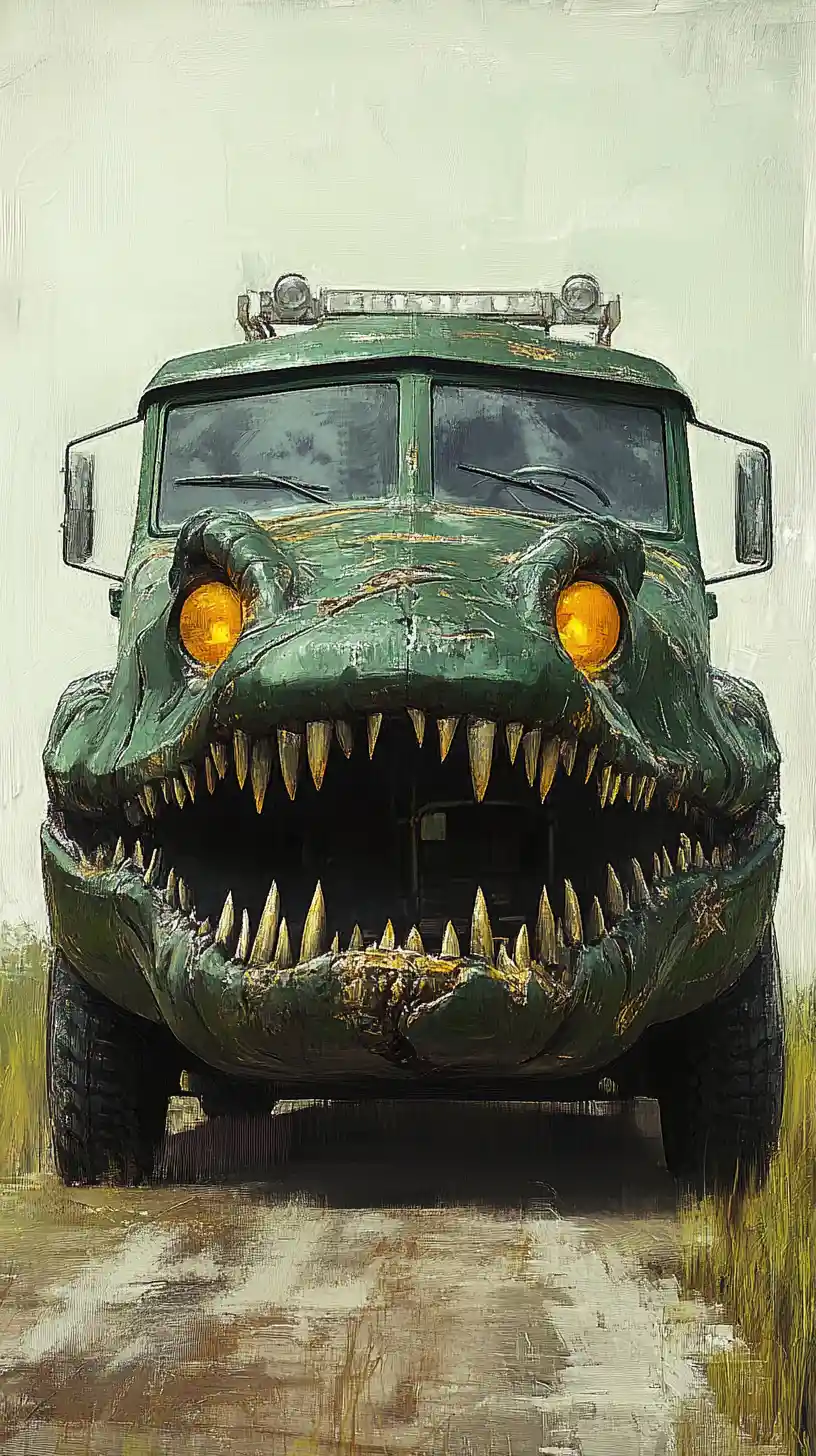 Caminhão crocodilo fantasioso estacionado em uma estrada de asfalto silenciosa