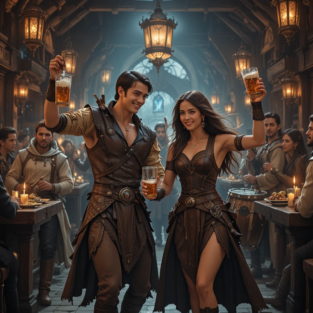 Tanzendes Paar feiert in einer kerzenbeleuchteten Fantasy-Taverne