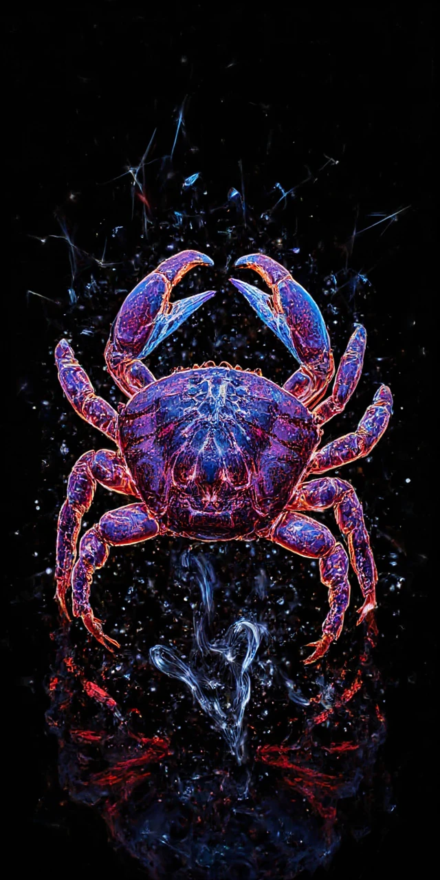 Neon-Doppelbelichtete Krabben-Illustration auf dunklem abstraktem Hintergrund