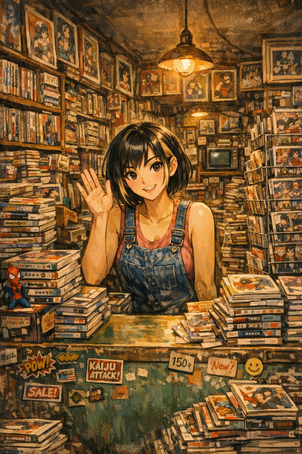 Fille d'anime faisant signe derrière le comptoir d'une boutique de comics chaleureuse