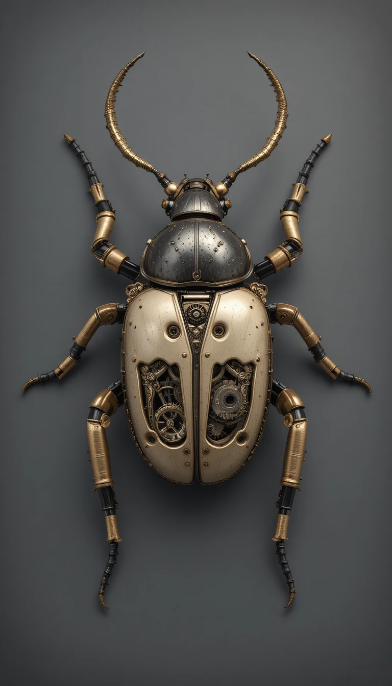 Steampunk-Mechanischer Käfer als Skulptur in symmetrischer Draufsicht