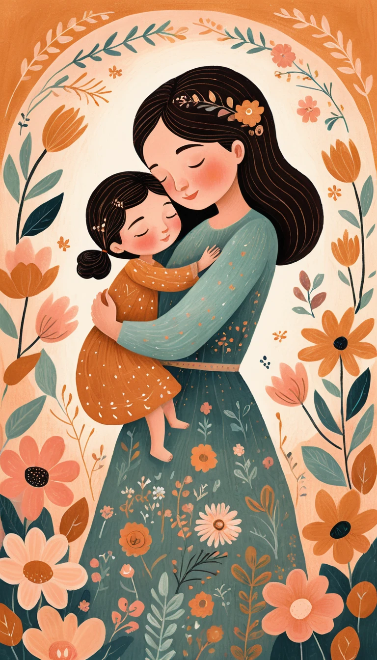 Cozy folk art child hugging mother in pastel illustration