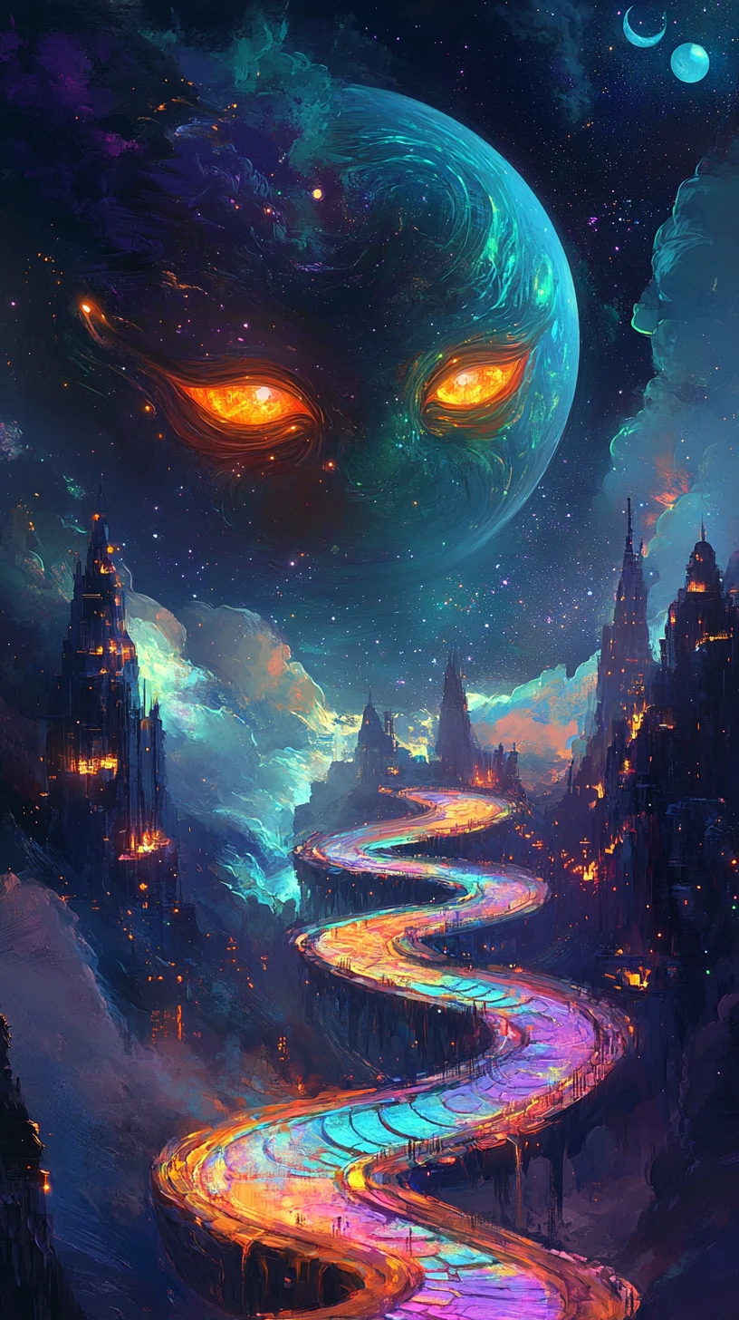 Surreales, planetenähnliches Gesicht mit leuchtend orangefarbenen Augen