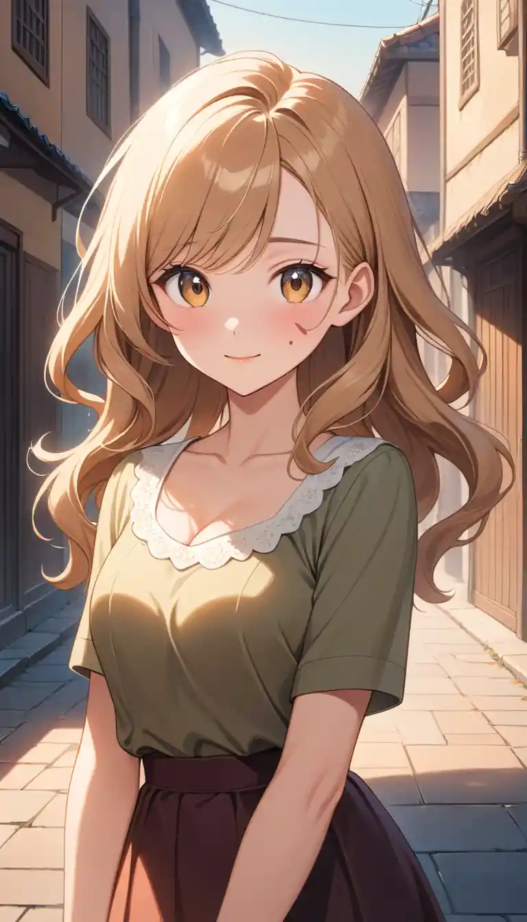 Shy anime woman at dawn in warm outdoor sunlight