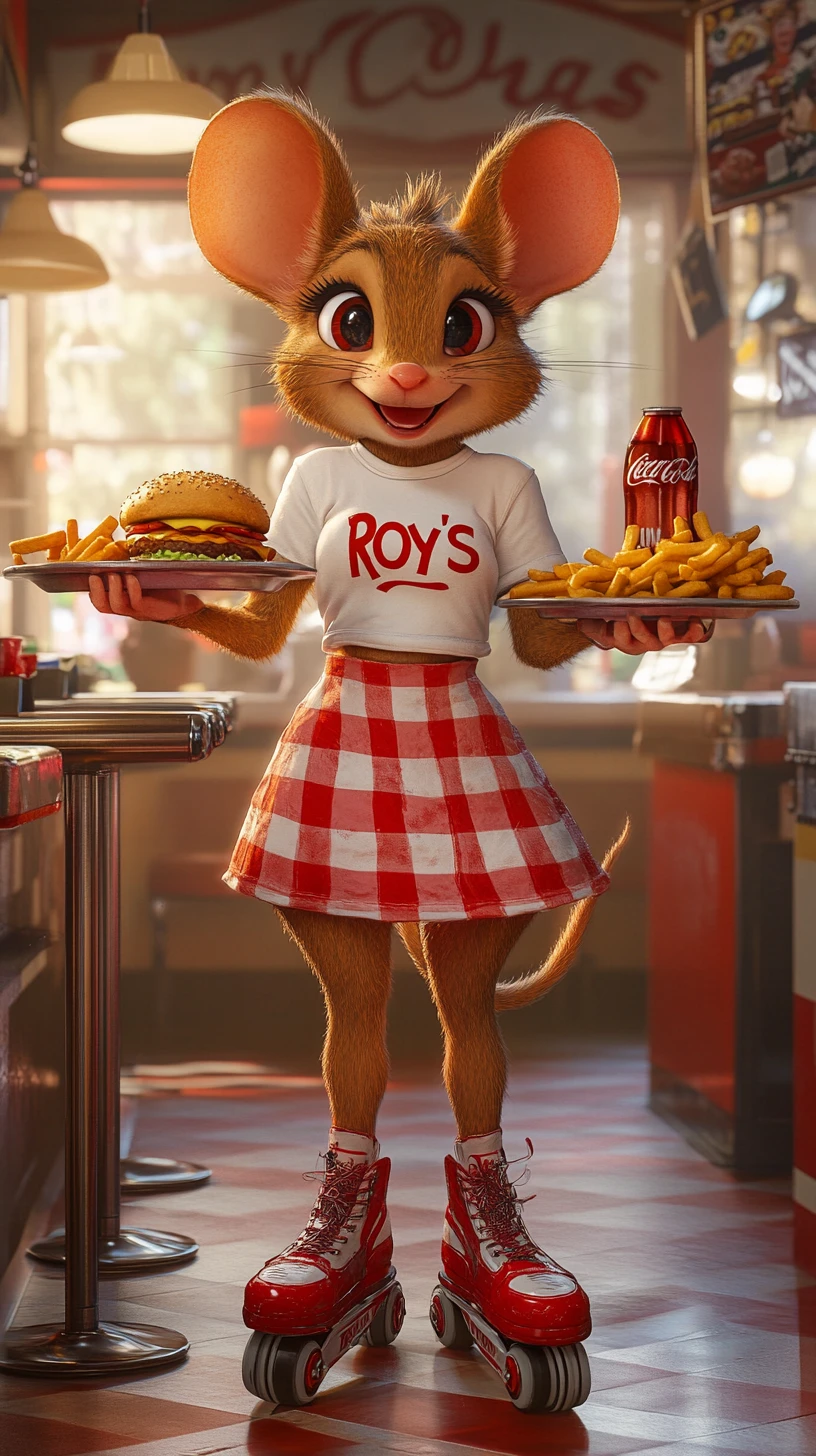 Garçonete Risonha de Rato Desenho Animado em Balcão de Diner Retrô