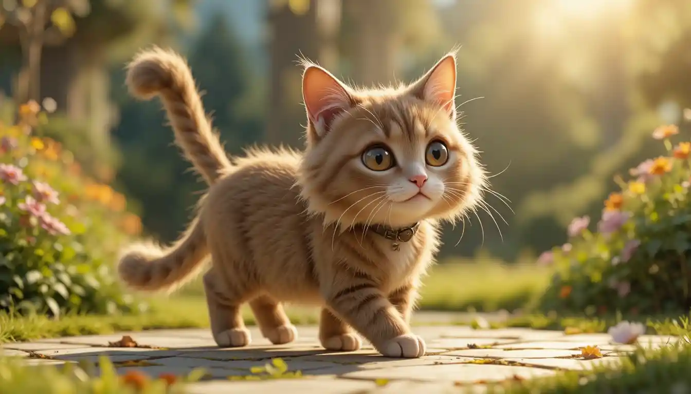 Gato fofo 3D em desenho animado caminhando ao ar livre no sol