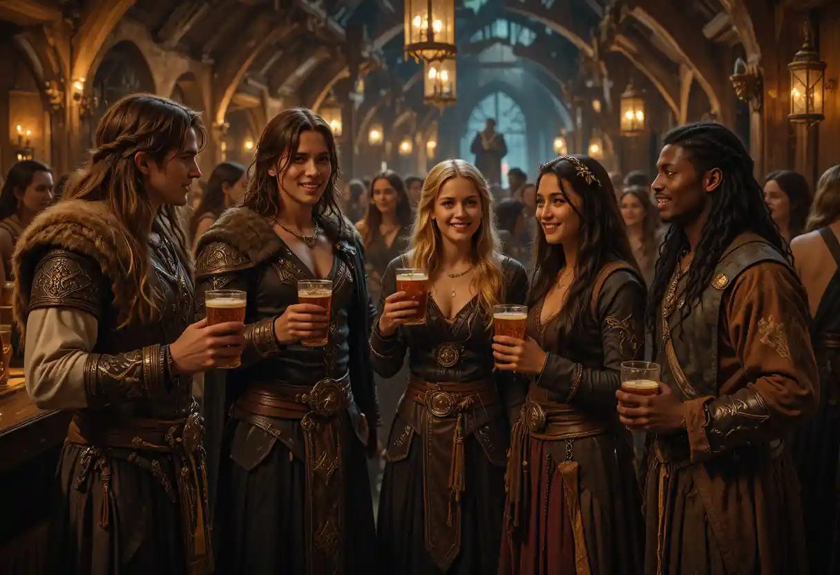 Amici che Condividono Drink in una Calda Taverna Fantasy