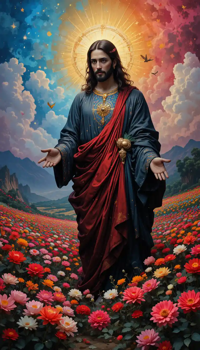 Ritratto onirico di Gesù in un campo di fiori luminoso