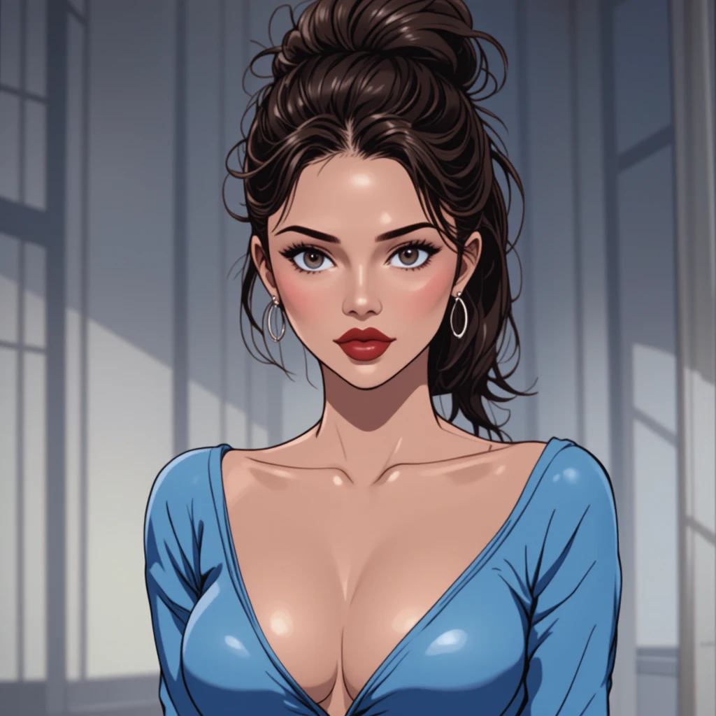 Shy brunette anime girl in blue top with soft background