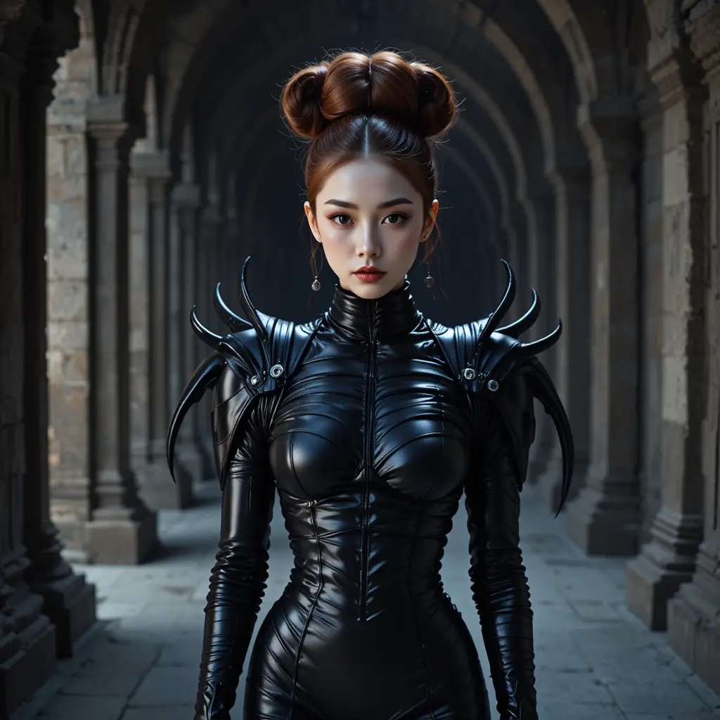 Korean dame in armored black couture in stone corridor
