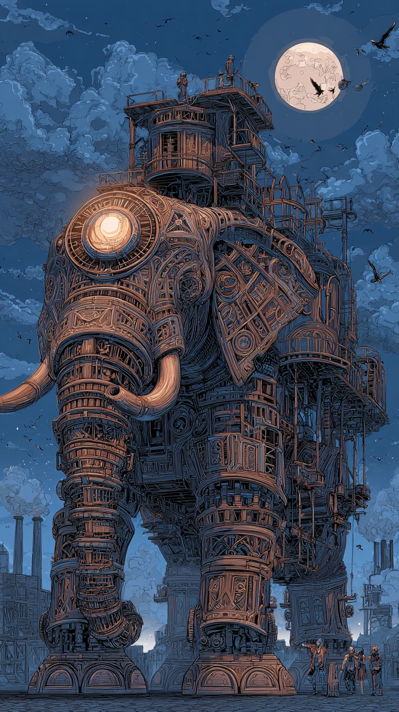 Gigantesco elefante mecánico steampunk bajo un cielo crepuscular
