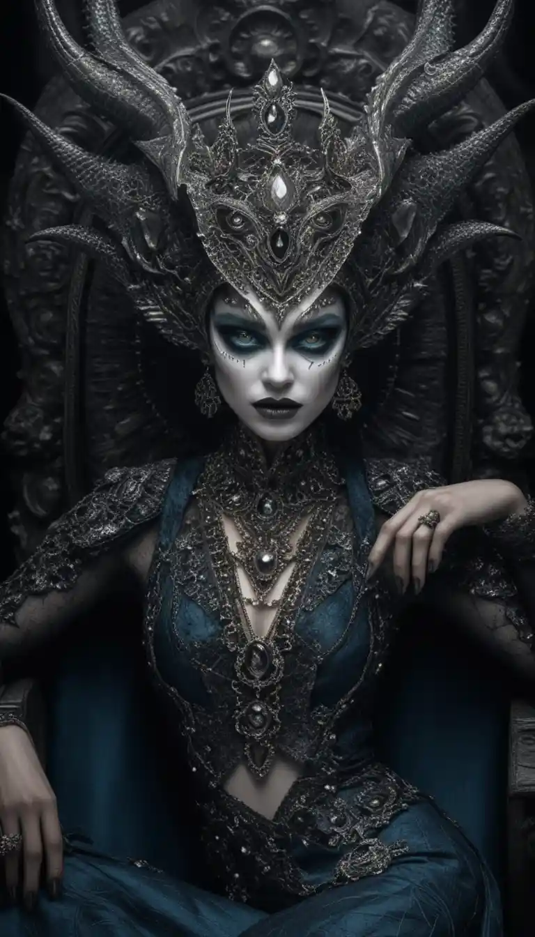 Rainha demoníaca em trono barroco em retrato de fantasia sombria