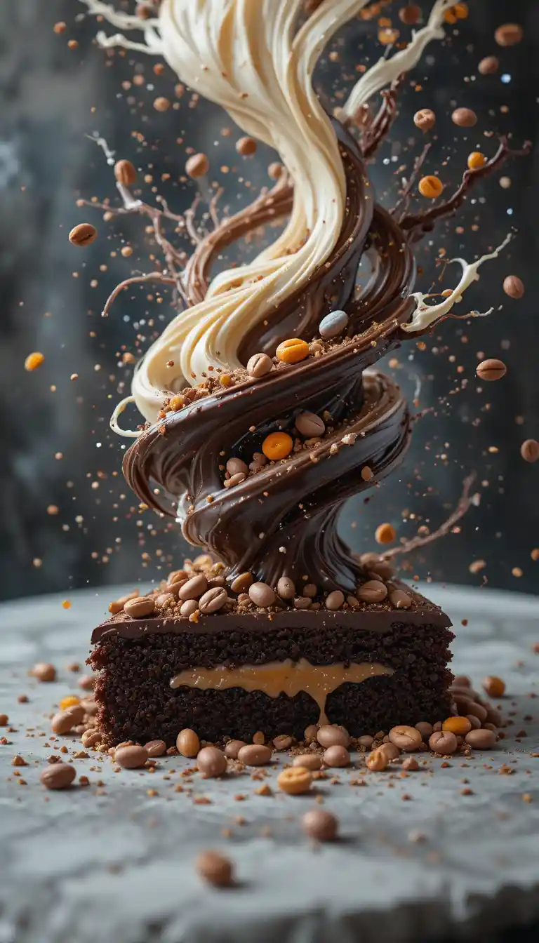 Wirbelnder Schokoladen-Tornado über Kuchen mit Mandarinenkonfitüre