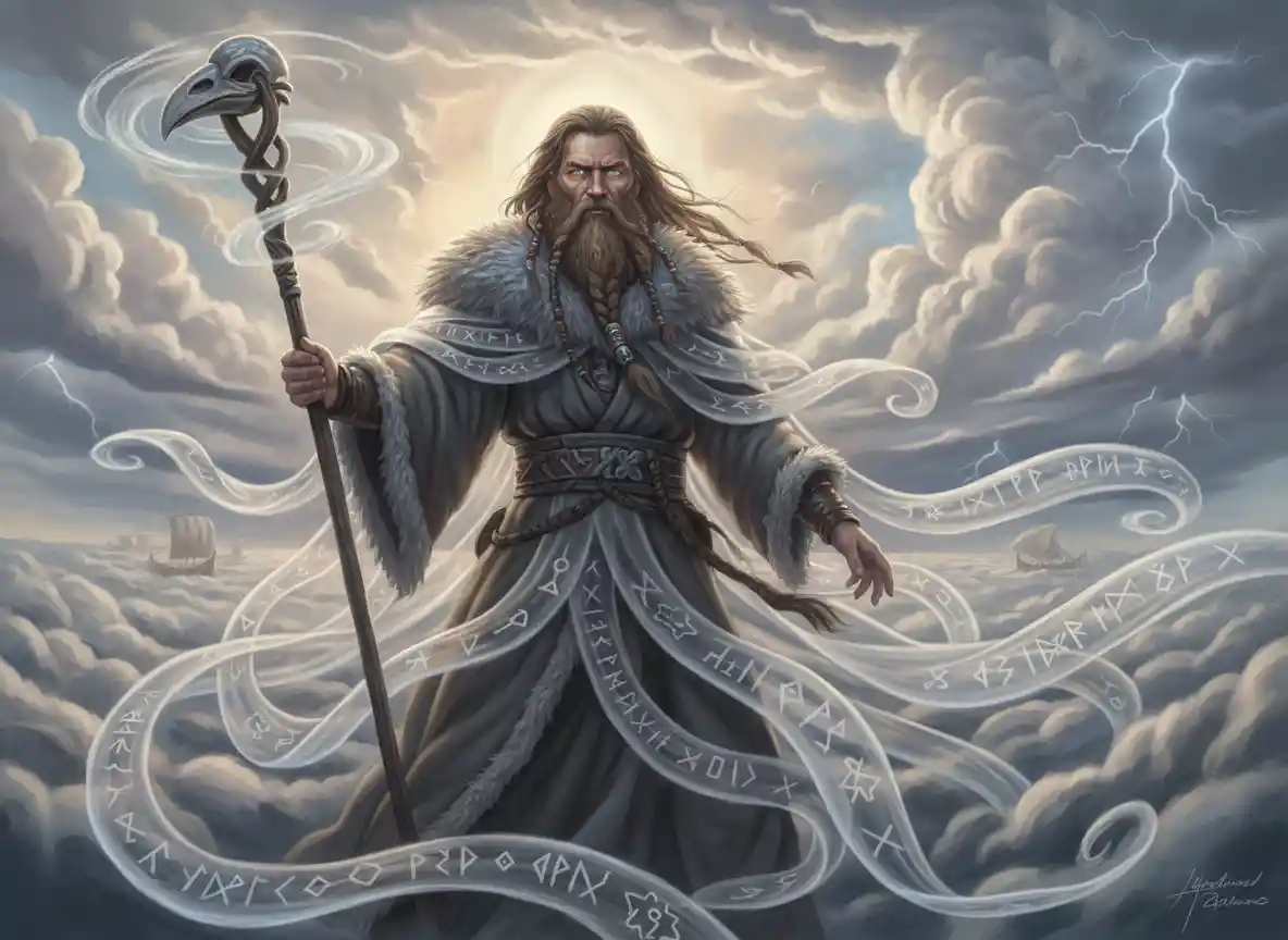 Mystical viking shaman woven in swirling cloud robes