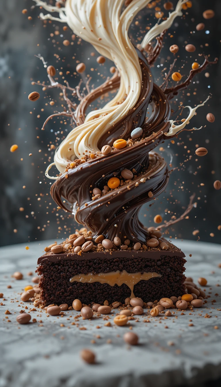 Wirbelnder Schokoladen-Tornado über Kuchen mit Mandarinenkonfitüre