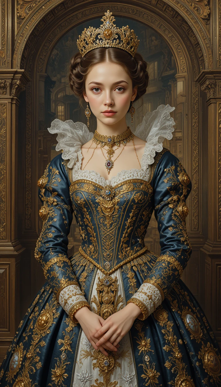 Jovem rainha em vestido vitoriano ornamentado diante de um grande palácio