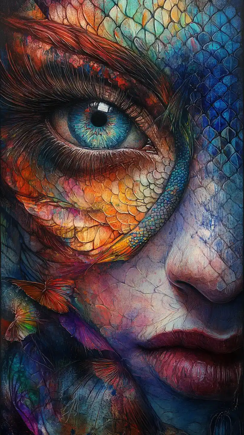Surreal mermaid close up with luminous abstract colors
