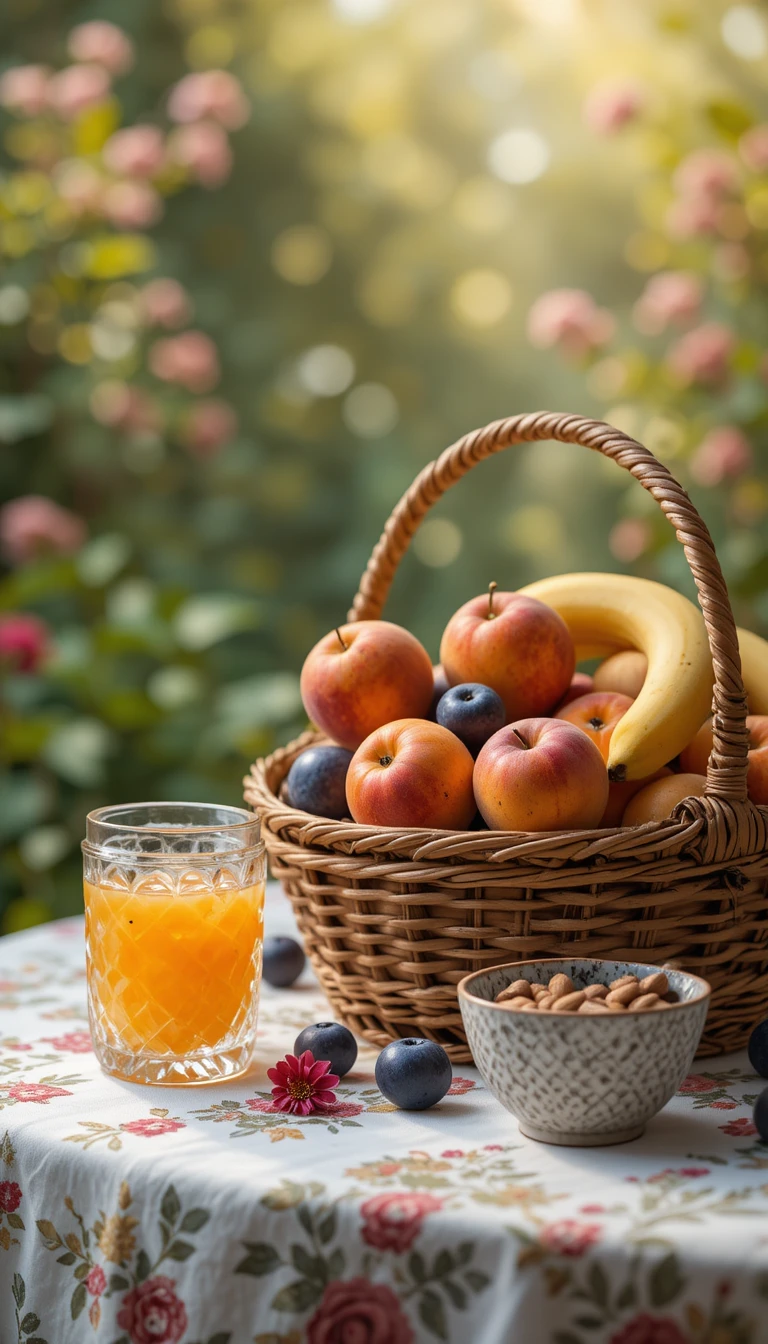 Rustikales Outdoor-Frühstück-Stilleben mit Obst und Saft