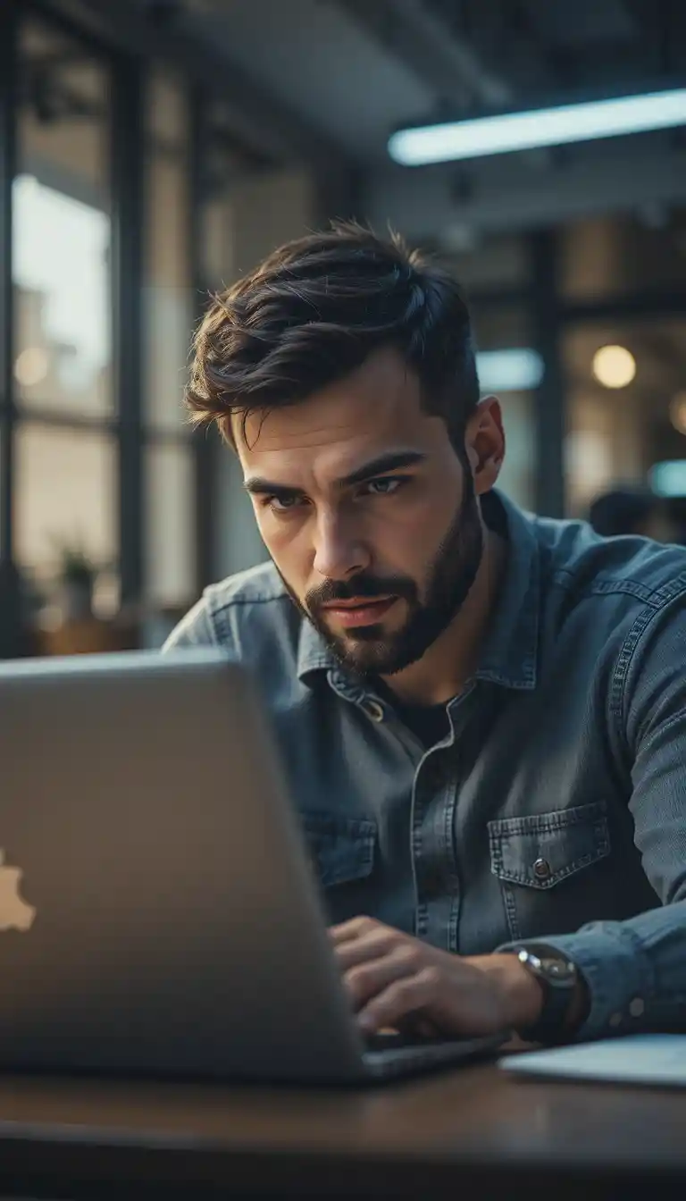 Mann tief konzentriert bei der Arbeit am Laptop