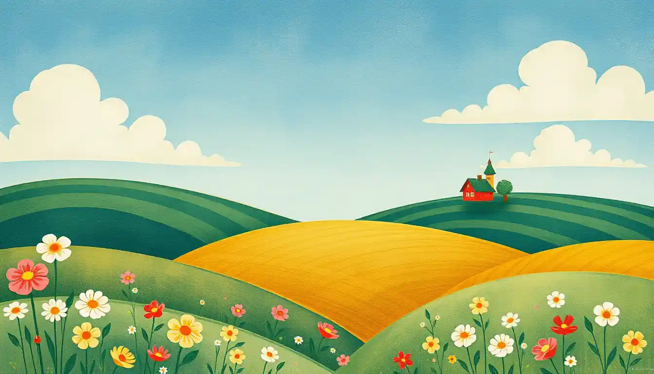Fiori folk art fiabeschi in un campo pastello da libro di storie