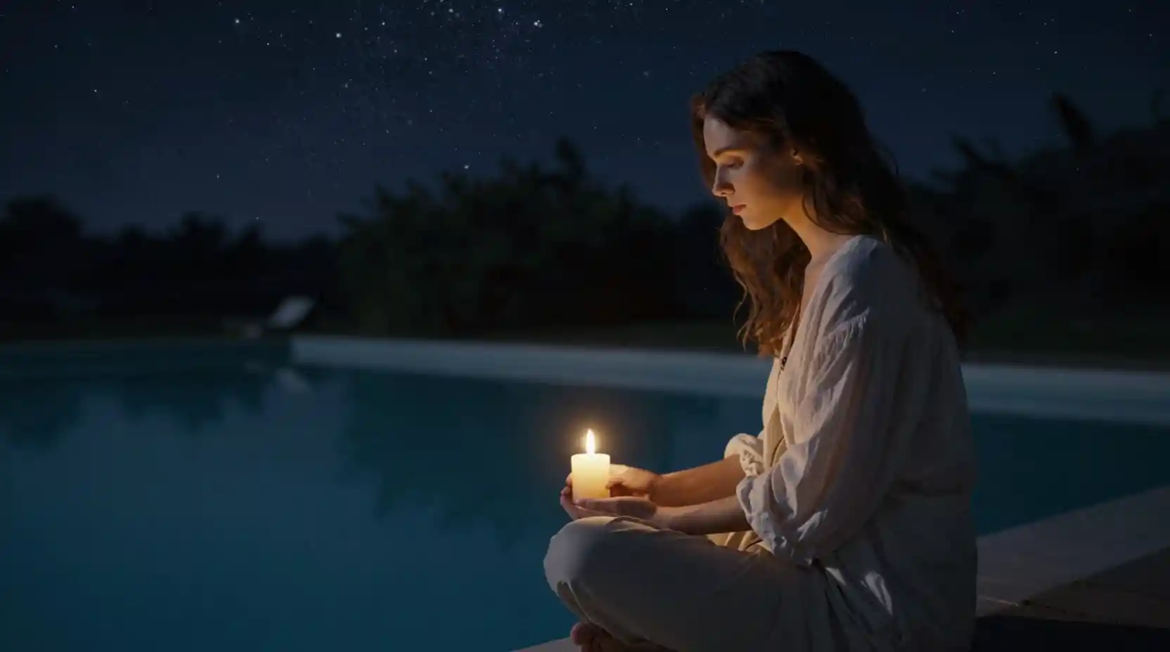 Young woman by a still pool under a starry night sky