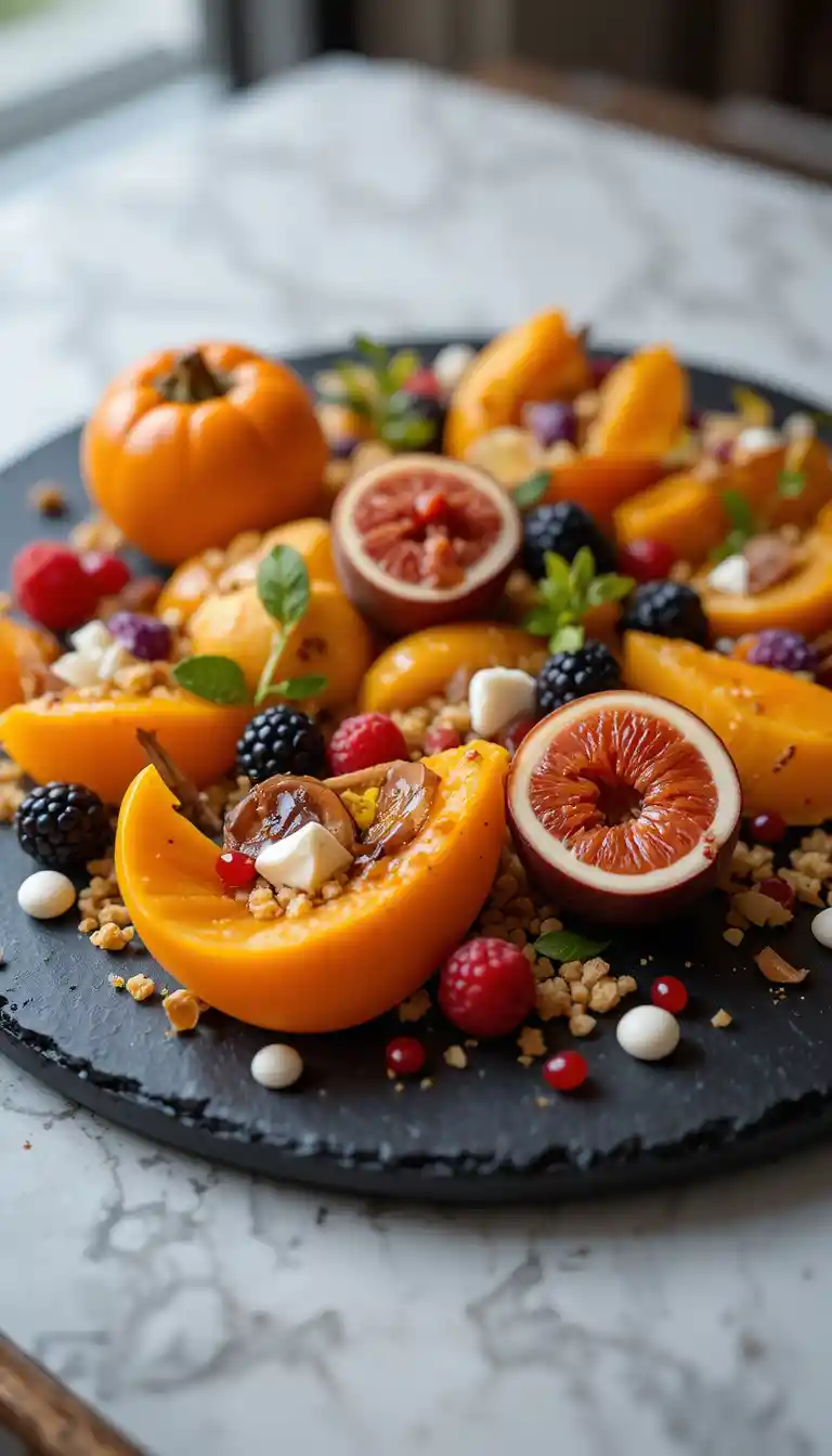 Gourmet fruit dessert platter with persimmon and passion fruit
