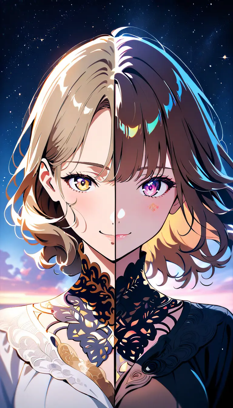 Garota de anime tímida ao nascer do sol em uma cena externa suave