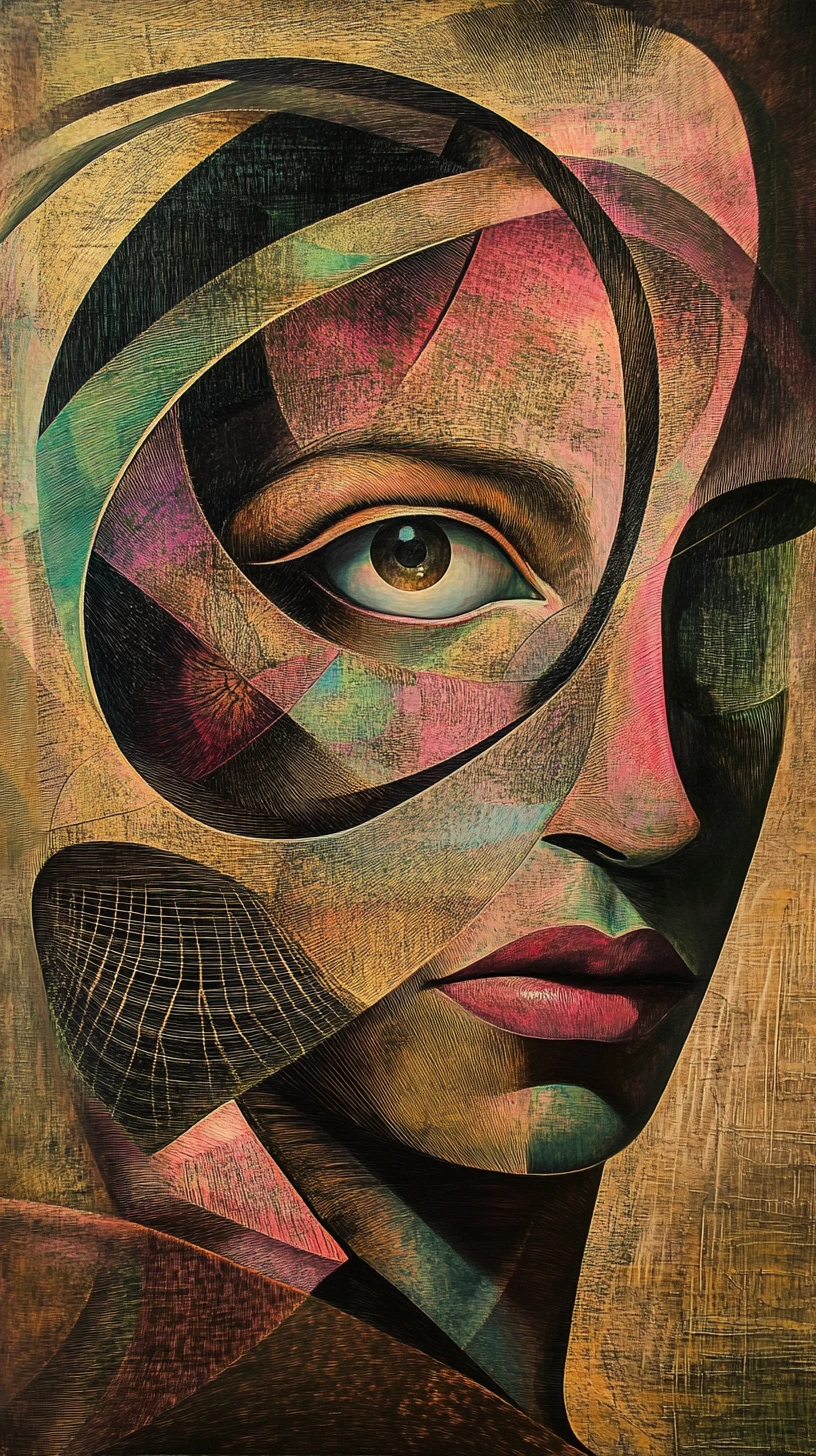 Retrato surreal com olhos enormes em espaço abstrato de bronze