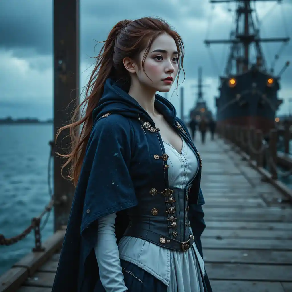 Young naval woman on stormy pier at dramatic dusk