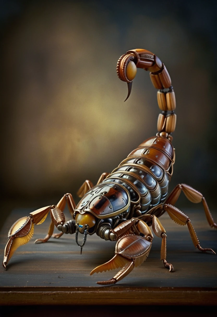 Steampunk-Kricket-Skulptur als mechanisches Insekt auf Holzsockel