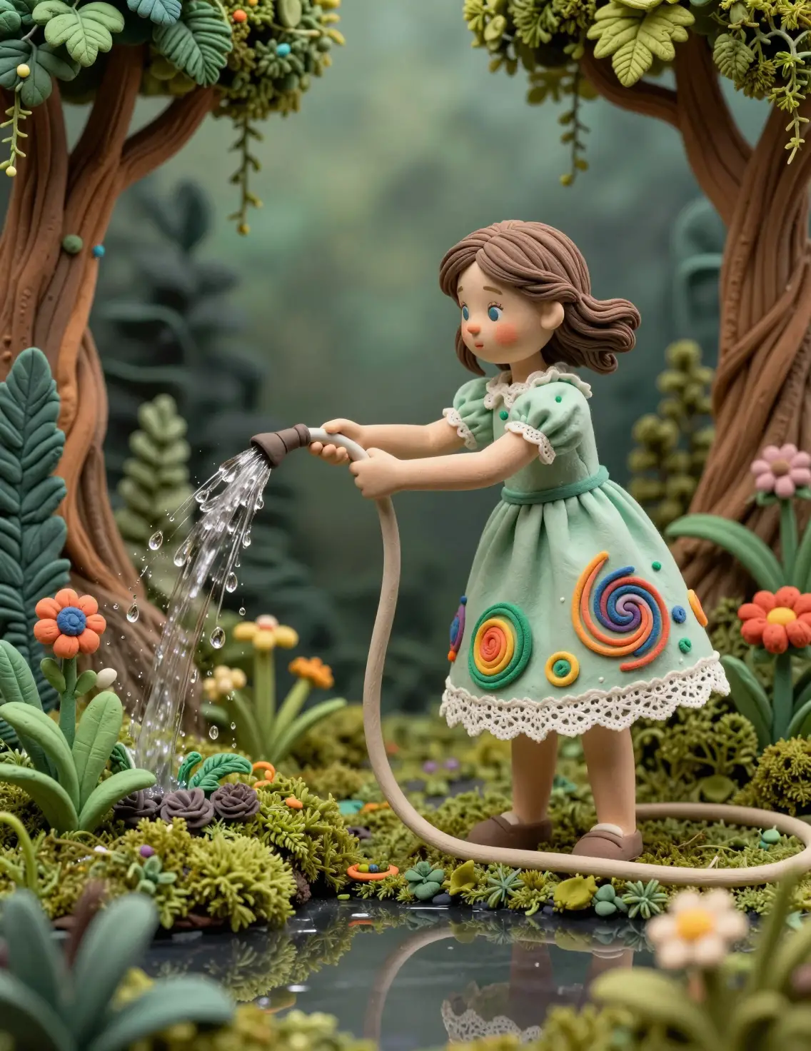 Clay girl in pastel dress watering a lush moss garden