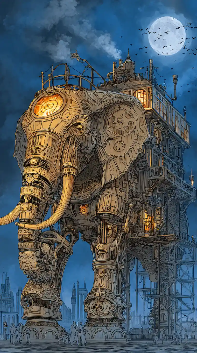 Colossal Steampunk Mechanical Elephant Under Twilight Sky