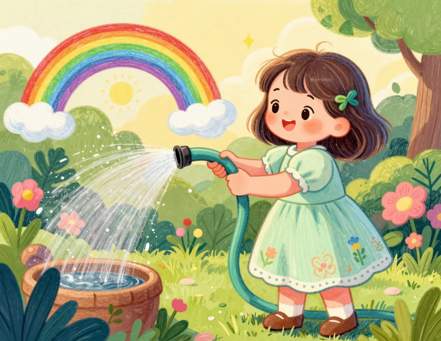 Young girl watering a sunny garden with rainbow arc