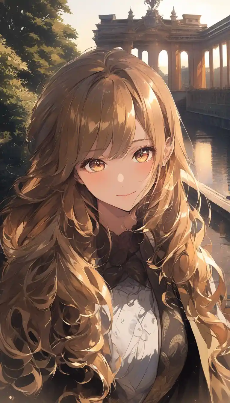 Shy anime girl at sunrise in a soft outdoor portrait
