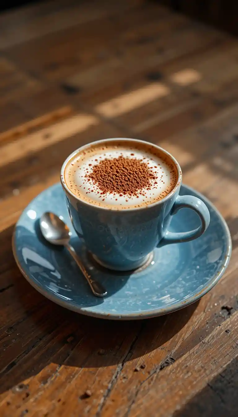 Cappuccino chaud sur assiette bleue avec cuillère en argent