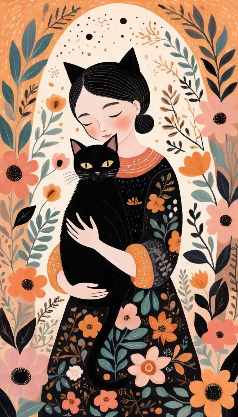 Enfant étreignant un chat noir dans un style folk art fantaisiste