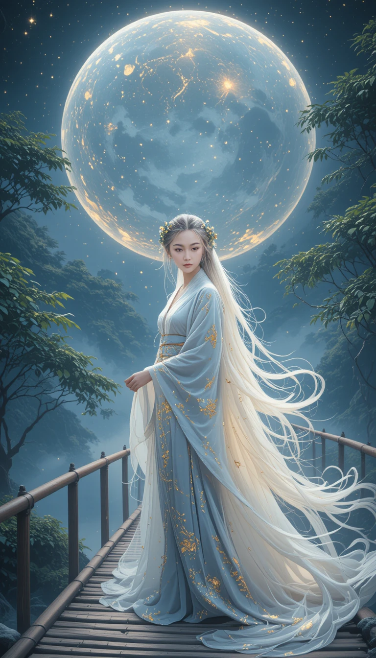 Serene woman on a bamboo bridge under the full moon