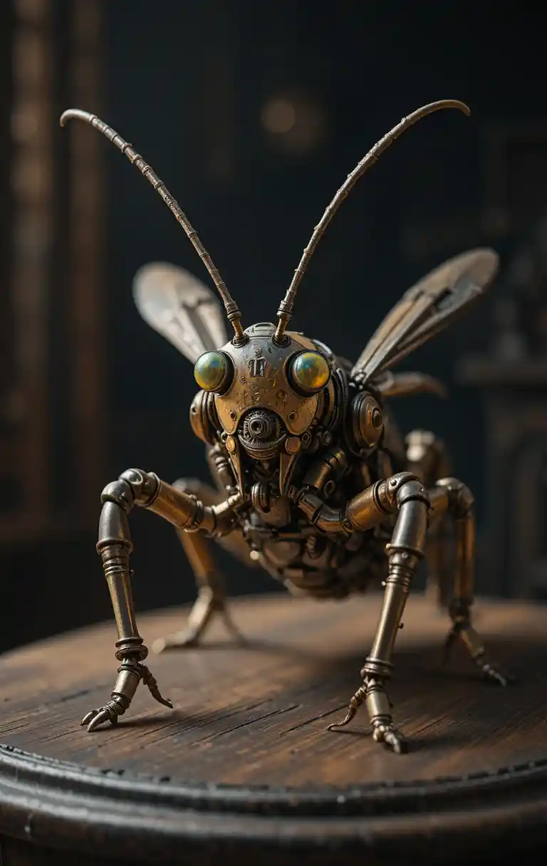 Hyperrealistische Steampunk-Kricketmaschine auf Holzsockel
