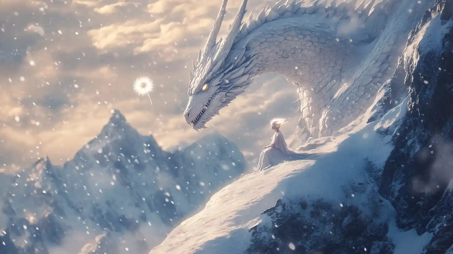 Uralter weißer Drache und winziger Elf auf gefrorenem Berg