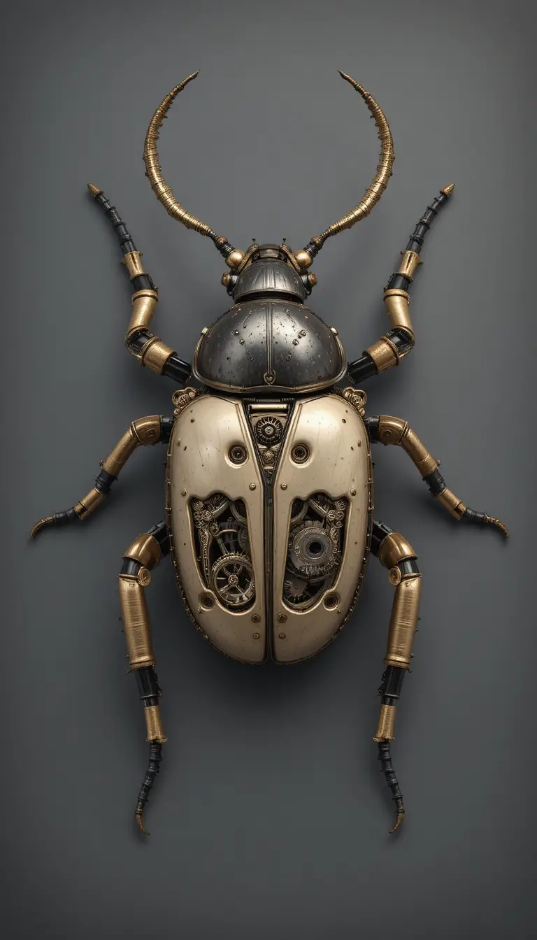 Steampunk-Mechanischer Käfer als Skulptur in symmetrischer Draufsicht